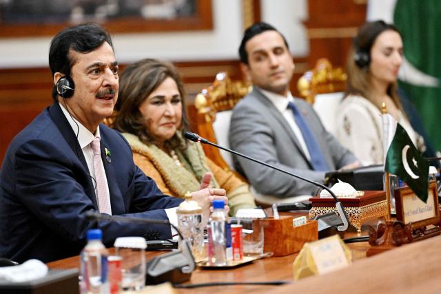 Pakistan's Senate Chairman Yusuf Raza Gilani (L) speaks to Cambodia's Senate President Hun Sen during a meeting at the Senate building in Phnom Penh on February 2, 2026. (Photo by TANG CHHIN Sothy / AFP)