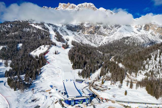 This aerial view shows the Tofane Alpine Skiing Centre hosting to the Olympic women's Alpine skiing events in Cortina d'Ampezzo, northern Italy prior to the Milano Cortina 2026 Olympic Games, on February 2, 2026. (Photo by Odd ANDERSEN / AFP)