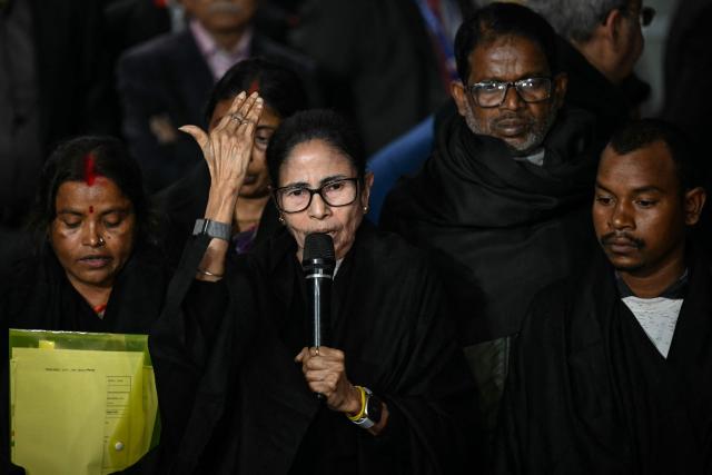 All India Trinamool Congress (AITC) party chairperson and chief minister of India's West Bengal state Mamata Banerjee addresses the media after meeting with the Chief Election Commissioner of India in New Delhi on February 2, 2026 over the Special Intensive Revision (SIR) exercise being carried out in the state. (Photo by Sajjad HUSSAIN / AFP)