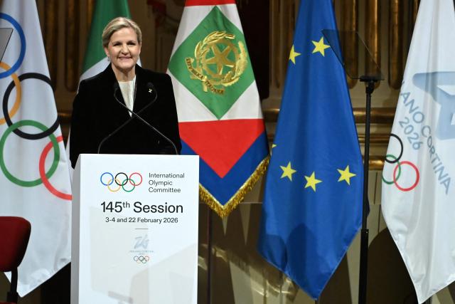 IOC President Kirsty Coventry speaks during the opening ceremony of the 145th IOC Session at La Scala Theatre in Milan on February 2, 2026. (Photo by PIERO CRUCIATTI / AFP)