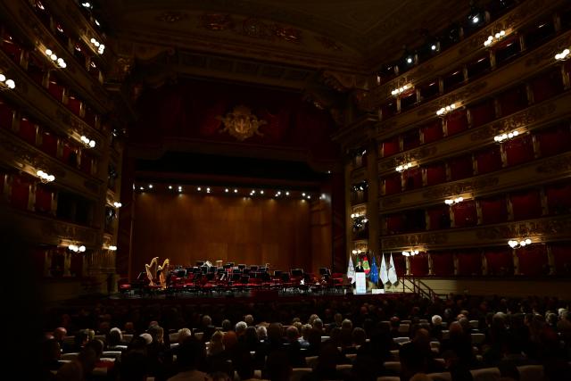 IOC President Kirsty Coventry delivers a speech during the opening ceremony of the 145th IOC Session at La Scala Theatre in Milan on February 2, 2026. (Photo by PIERO CRUCIATTI / AFP)