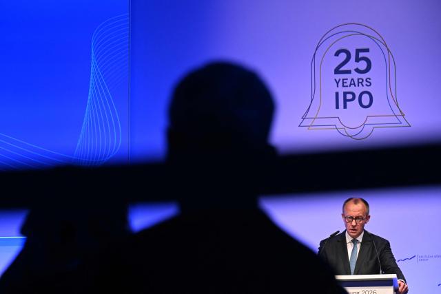 German Chancellor Friedrich Merz delivers a speech at the annual reception of the stock exchange operator Deutsche Boerse in Eschborn, western Germany, on February 2, 2026. (Photo by Kirill KUDRYAVTSEV / AFP)