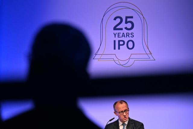German Chancellor Friedrich Merz delivers a speech at the annual reception of the stock exchange operator Deutsche Boerse in Eschborn, western Germany, on February 2, 2026. (Photo by Kirill KUDRYAVTSEV / AFP)