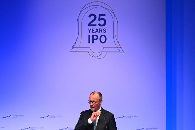 German Chancellor Friedrich Merz delivers a speech at the annual reception of the stock exchange operator Deutsche Boerse in Eschborn, western Germany, on February 2, 2026. (Photo by Kirill KUDRYAVTSEV / AFP)