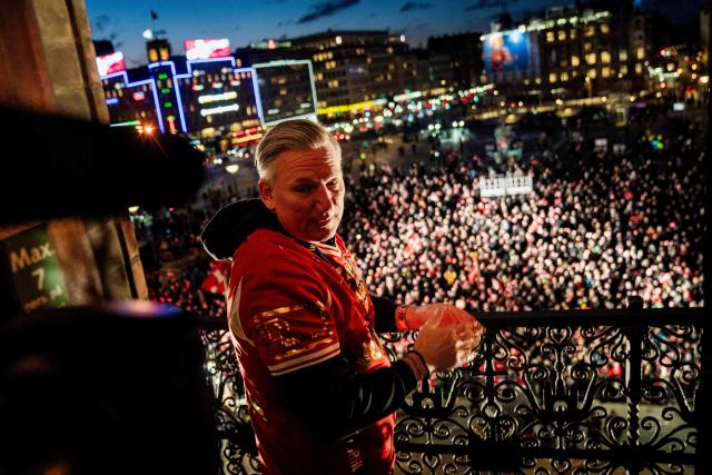 Denmark's coach Nikolaj Jacobsen celebrates as European champion on the balcony at the Copenhagen City Hall in Copenhagen, Denmark on February 2, 2026, after the team won gold at the Men's EHF Euro 2026 final handball match Denmark vs Germany. (Photo by Sebastian Elias Uth / Ritzau Scanpix / AFP) / Denmark OUT