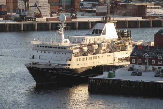 The hotel ship Ocean Endeavour hosts soldiers as docked in the harbor of Nuuk, Greenland, on February 2, 2026. The hotel ship is to ensure that the civilian infrastructure in Nuuk is not overloaded. (Photo by Christian Klindt Soelbeck / Ritzau Scanpix / AFP) / Denmark OUT