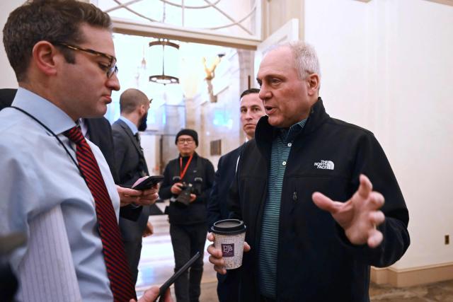 US House Majority Whip Steve Scalise, Republican of Louisiana, speaks with reporters  after arriving at the US Capitol in Washington DC, on February 2, 2028. US House Speaker Mike Johnson expressed confidence on February 1 that he has the votes to end by Tuesday a partial government shutdown triggered by the Trump administration's violent immigration sweeps in Minneapolis. The government entered the shutdown Saturday as a funding deadline passed without Congress approving a 2026 budget. The impact so far appears to have been minimal. (Photo by ANDREW CABALLERO-REYNOLDS / AFP)