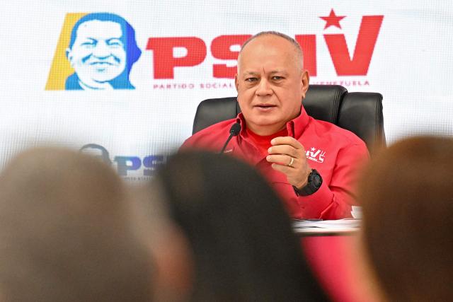 Venezuela's Minister of the Popular Power for Interior, Justice and Peace, Diosdado Cabello, delivers a press conference of the United Socialist Party of Venezuela (PSUV) in Caracas on February 2, 2026. (Photo by Juan BARRETO / AFP)