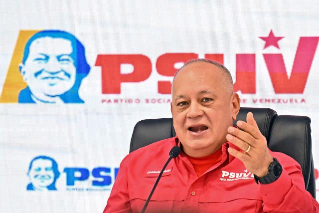 Venezuela's Minister of the Popular Power for Interior, Justice and Peace, Diosdado Cabello, delivers a press conference of the United Socialist Party of Venezuela (PSUV) in Caracas on February 2, 2026. (Photo by Juan BARRETO / AFP)