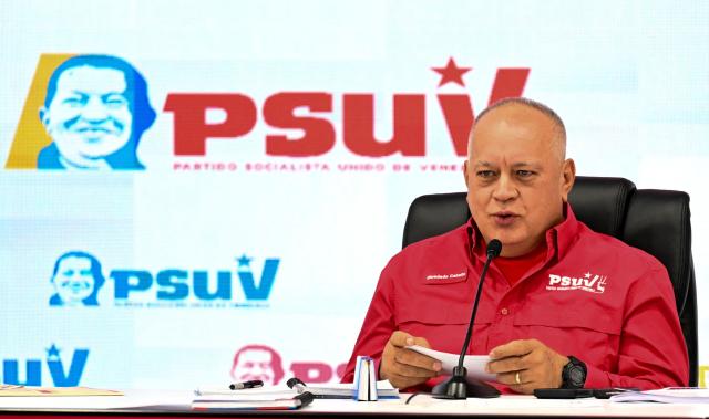 Venezuela's Minister of the Popular Power for Interior, Justice and Peace, Diosdado Cabello, delivers a press conference of the United Socialist Party of Venezuela (PSUV) in Caracas on February 2, 2026. (Photo by Juan BARRETO / AFP)