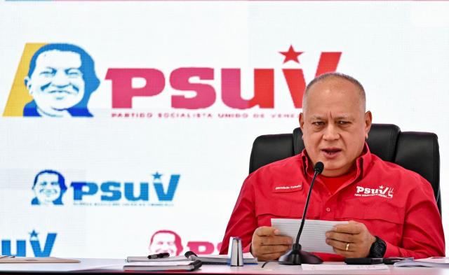 Venezuela's Minister of the Popular Power for Interior, Justice and Peace, Diosdado Cabello, delivers a press conference of the United Socialist Party of Venezuela (PSUV) in Caracas on February 2, 2026. (Photo by Juan BARRETO / AFP)