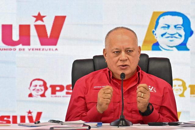 Venezuela's Minister of the Popular Power for Interior, Justice and Peace, Diosdado Cabello, delivers a press conference of the United Socialist Party of Venezuela (PSUV) in Caracas on February 2, 2026. (Photo by Juan BARRETO / AFP)
