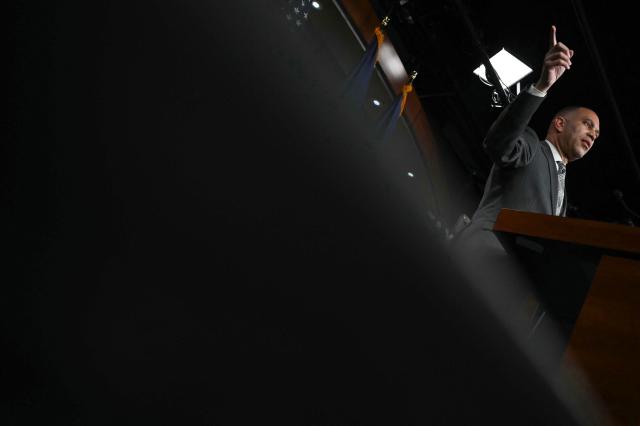 US House Minority Leader Hakeem Jeffries, Democrat of New York, speaks during a press conference at the US Capitol in Washington, DC, on February 2, 2026. President Donald Trump urged Congress to swiftly adopt a spending bill to end a US government shutdown, which was triggered by a row over the killing of two protesters in Minneapolis by immigration agents. (Photo by ANDREW CABALLERO-REYNOLDS / AFP)