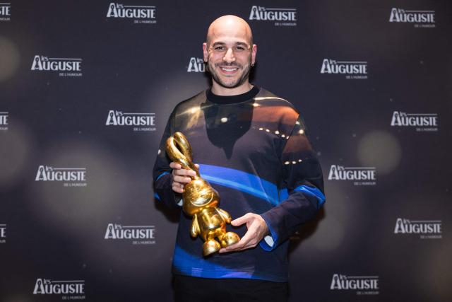 French actor and comedian Mehdi Djaadi poses during the second edition of the Auguste de l'Humour awards ceremony for stand-up comedy and humorous performances at the "Nouveau Siecle" venue in Lille, northern France, on February 2, 2026. Elodie Poux was crowned comedian of the year at the second edition of the Auguste de l'humour awards in Lille on February 2, 2026, during a ceremony that sought to honour women after criticism of the overrepresentation of men among the nominees. (Photo by Sameer Al-DOUMY / AFP)