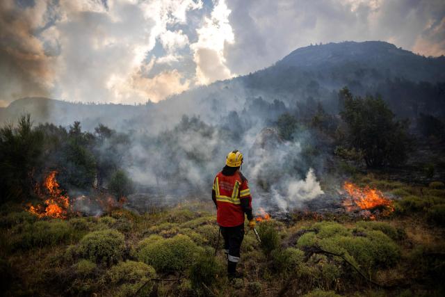 TOPSHOT - A firefighter works to extinguish a forest fire burning in the mountains of the rural area of Epuyen, in the Patagonian region of Chubut province, Argentina, on February 2, 2026. Argentina's government on January 29, 2026, declared an emergency in Patagonia, where wildfires have ripped through vast tracts of forest since the start of the Southern Hemisphere summer. (Photo by TOMAS CUESTA / AFP)