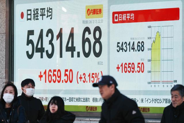 Pedestrians stand in front of an electronic quotation board displaying numbers of the Nikkei Stock Average on the Tokyo Stock Exchange in Tokyo on February 3, 2026. Stocks rallied while precious metals and crude rebounded as some stability returned on February 3 following a rout fuelled by a perfect storm that sent shivers through across Asian trading floors. (Photo by Kazuhiro NOGI / AFP)