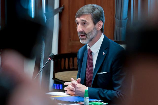 Slovakia's Foreign Minister Juraj Blanar speaks during a meeting with his Indonesian counterpart Sugiono in Jakarta on February 3, 2026. (Photo by BAY ISMOYO / AFP)