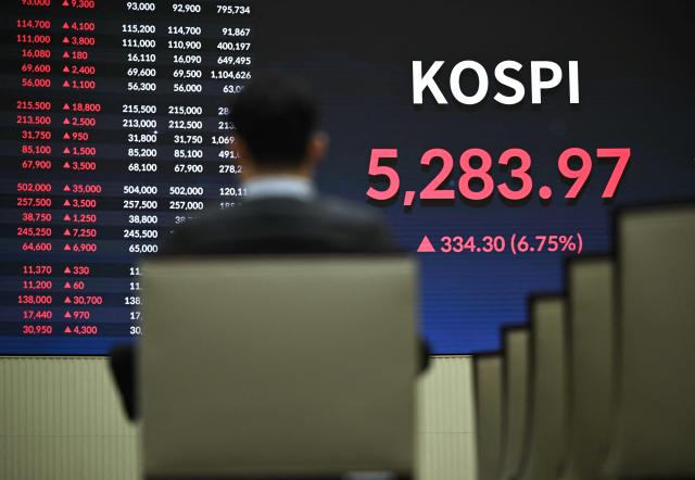 A man sits in front of an electronic screen showing South Korea's benchmark stock index Kospi at the Korea Exchange in Seoul on February 3, 2026. Japanese and South Korean stocks rallied on February 3, to claw back much of the previous day's huge losses suffered in an Asia-wide rout. (Photo by Jung Yeon-je / AFP)