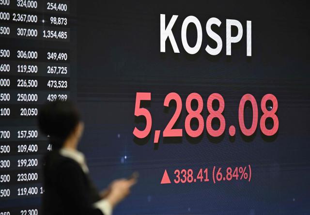 A woman looks at an electronic screen showing South Korea's benchmark stock index Kospi at the Korea Exchange in Seoul on February 3, 2026. Japanese and South Korean stocks rallied on February 3, to claw back much of the previous day's huge losses suffered in an Asia-wide rout. (Photo by Jung Yeon-je / AFP)