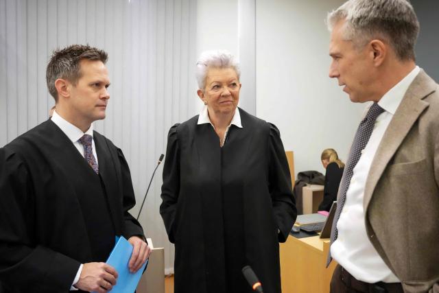 State Attorney and Prosecutor Sturla Henriksboe (L) speaks with defence lawyers of Marius Borg Hoiby, Ellen Holager Andenaes and Petar Sekulic (R) at the District Court in Oslo on February 3, 2026, prior to the start of the trial against Marius Borg Hoiby, son of Norway's Crown Princess Mette-Marit. In the biggest scandal to rock Norway's monarchy, the son of Crown Princess Mette-Marit goes on trial on February 3, accused of raping four women, as well as drug and assault offences. Marius Borg Hoiby, Mette-Marit's 29-year-old son from a relationship before she married Crown Prince Haakon, has been charged with a total of 38 counts, some of which date back to 2018. He faces up to 16 years in prison if the Oslo district court finds him guilty. The trial, scheduled to last until March 19, is expected to attract intense media coverage. (Photo by Ole Berg-Rusten / NTB / AFP) / Norway OUT