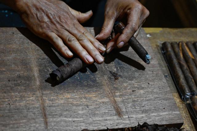 A cigar maker hand rolls tobacco leaves as he makes homemade cigars in Montasik, Aceh province on February 3, 2026. (Photo by CHAIDEER MAHYUDDIN / AFP)