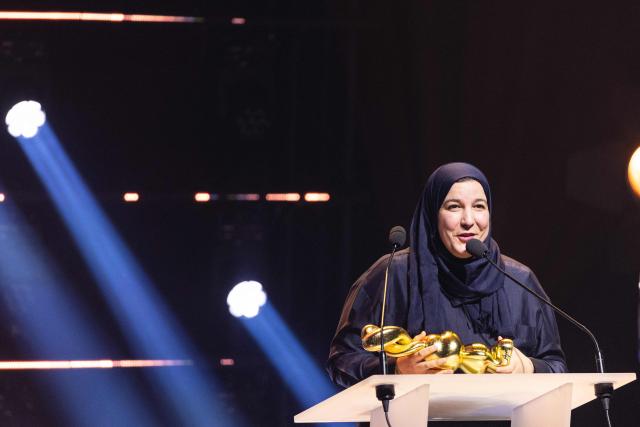 Algerian comedian Ines delivers a speech after winning the "Francophone Breakout Stage Comedian of the Year" award during the second edition of the Auguste de l'Humour awards ceremony for stand-up comedy and humorous performances at the "Nouveau Siecle" venue in Lille, northern France, on February 2, 2026. Elodie Poux was crowned comedian of the year at the second edition of the Auguste de l'humour awards in Lille on February 2, 2026, during a ceremony that sought to honour women after criticism of the overrepresentation of men among the nominees. (Photo by Sameer Al-DOUMY / AFP)