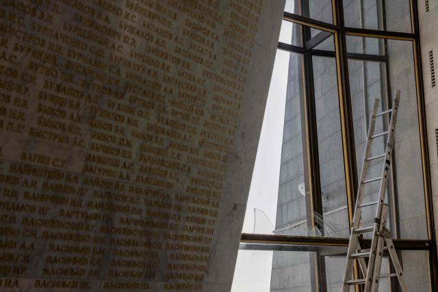 This photograph shows a broken window following a Russian strike in The National Museum of the History of Ukraine in the Second World War in Kyiv on February 3, 2026, amid the Russian invasion of Ukraine. (Photo by Tetiana DZHAFAROVA / AFP)