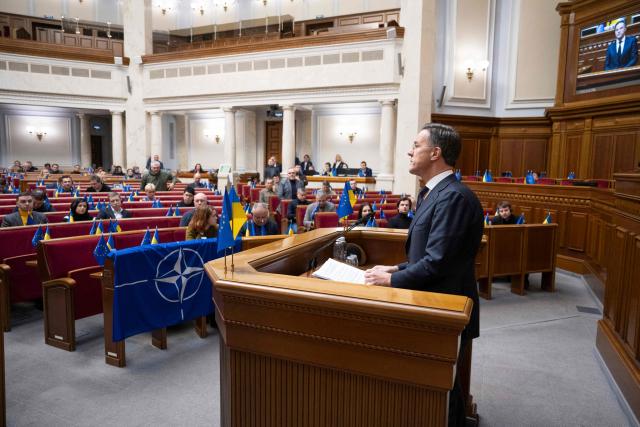 Secretary General of NATO Mark Rutte addresses members of the Ukrainian parliament in Kyiv, on February 3, 2026, amid the Russian invasion of Ukraine. (Photo by ANDRII NESTERENKO / AFP)