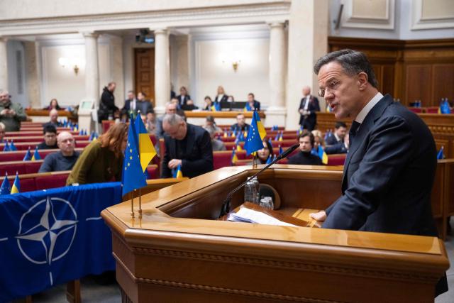 Secretary General of NATO Mark Rutte addresses members of the Ukrainian parliament in Kyiv, on February 3, 2026, amid the Russian invasion of Ukraine. (Photo by ANDRII NESTERENKO / AFP)