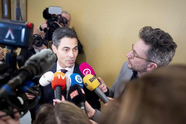 Leader of the Democrats 66 (D66) party Rob Jetten speaks to journalists before a debate at the House of Representatives on the coalition agreement between D66, VVD, and CDA and the final report by informant Rianne Letschert in The Hague on February 3, 2026. (Photo by Jeroen Jumelet / ANP / AFP) / Netherlands OUT