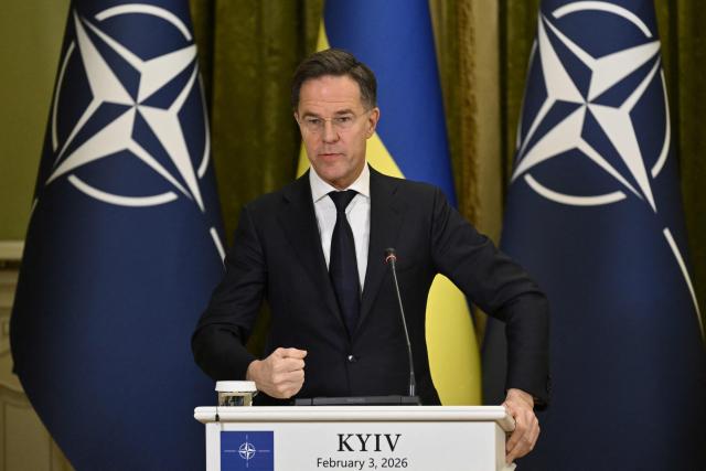 Secretary General of NATO Mark Rutte gestures as he delivers a press conference with Ukraine's President following their meeting in Kyiv on February 3, 2026, amid the Russian invasion in Ukraine. (Photo by Genya SAVILOV / AFP)