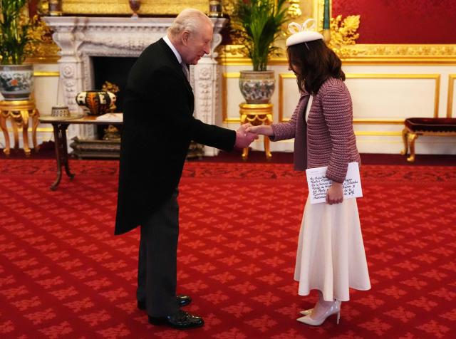 Britain's King Charles III (L) receives Laura Camila Sarabia Torres, Colombia's Ambassador to the United Kingdom, as she presents her credentials at St James's Palace in London on February 3, 2026. (Photo by Jonathan Brady / POOL / AFP)