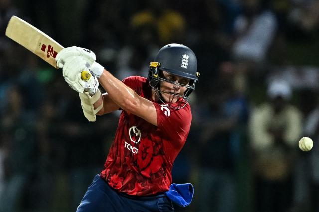 England's Sam Curran plays a shot during the third and final Twenty20 international cricket match between Sri Lanka and England at the Pallekele International Cricket Stadium in Kandy on February 3, 2026. (Photo by Ishara S. KODIKARA / AFP)