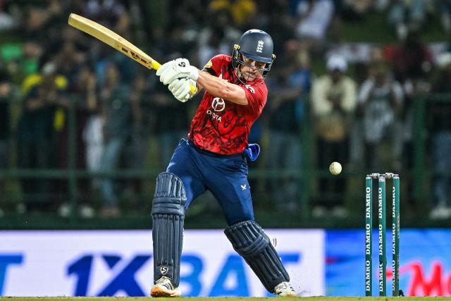 England's Sam Curran plays a shot during the third and final Twenty20 international cricket match between Sri Lanka and England at the Pallekele International Cricket Stadium in Kandy on February 3, 2026. (Photo by Ishara S. KODIKARA / AFP)