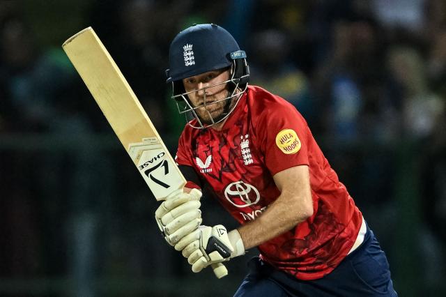 England's Liam Dawson plays a shot during the third and final Twenty20 international cricket match between Sri Lanka and England at the Pallekele International Cricket Stadium in Kandy on February 3, 2026. (Photo by Ishara S. KODIKARA / AFP)