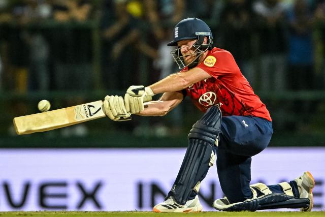 England's Liam Dawson plays a shot during the third and final Twenty20 international cricket match between Sri Lanka and England at the Pallekele International Cricket Stadium in Kandy on February 3, 2026. (Photo by Ishara S. KODIKARA / AFP)
