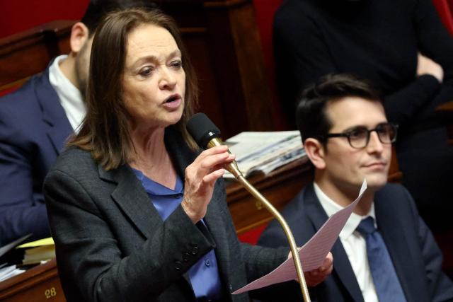 Rassemblement National's MP Caroline Parmentier (L) speaks next to fellow RN MP Gaetan Dussausaye (R) during a session of questions to the Government at The National Assembly, French Parliament lower house, in Paris on February 3, 2026. (Photo by Ludovic MARIN / AFP)