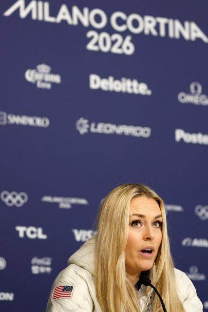 US skier Lindsey Vonn gives a press conference ahead of the Milano Cortina 2026 Winter Olympic Games in Cortina d'Ampezzo on February 03, 2026. (Photo by Odd ANDERSEN / AFP)