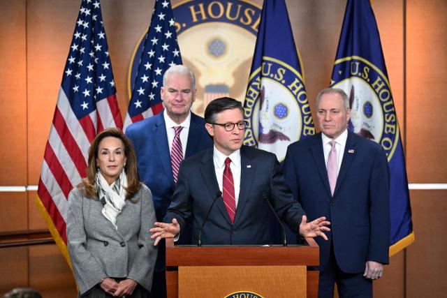 US Speaker of the House Mike Johnson, Republican from Louisiana, speaks as he leads a news conference with House Republican leadership at the US Capitol in Washington, DC, on February 3, 2026. The US Congress has teed up a Tuesday vote on a spending bill to end the government shutdown, following a House committee vote late Monday. The shutdown followed a breakdown in spending negotiations amid Democratic anger in response to federal immigration agents killing two US citizens in Minneapolis, which derailed talks over new money for the Department of Homeland Security (DHS). (Photo by ROBERTO SCHMIDT / AFP)