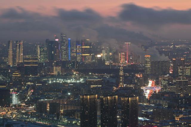 A general view of the Russian capital of Moscow taken from the 337m high observation deck of the 540-metre (1,780-foot) Ostankino TV tower during a frosty day on February 3, 2026. (Photo by Hector RETAMAL / AFP)