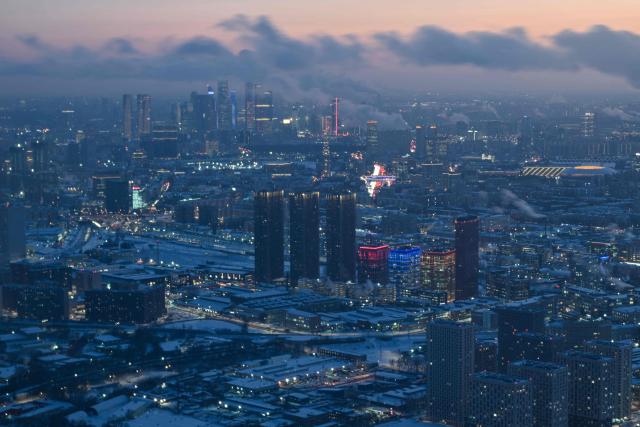 A general view of the Russian capital of Moscow taken from the 337m high observation deck of the 540-metre (1,780-foot) Ostankino TV tower during a frosty day on February 3, 2026. (Photo by Hector RETAMAL / AFP)