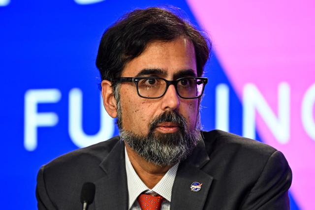 NASA Associate Administrator Amit Kshatriya speaks during a news conference on the Artemis II mission at Kennedy Space Center in Cape Canaveral, Florida, on February 3, 2026. NASA said Tuesday it is pushing back to March the launch of its first crewed flyby mission to the Moon in more than half a century after encountering a fuel leak during a key test. (Photo by Miguel J. Rodriguez Carrillo / AFP)
