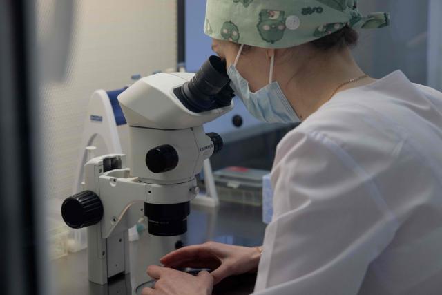 A medical staff works in the cryopreservation room in a United Nations Population Fund (UNFPA) supported maternity ward in Zaporizhzhia on January 31, 2026, amid the Russian invasion of Ukraine. (Photo by Tetiana DZHAFAROVA / AFP)