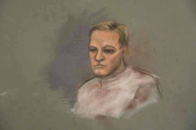 A court sketch depicts Marius Borg Hoiby, son of Norwegian Crown Princess Mette-Marit during the first day of a trial in Oslo at the District Court on February 3, 2026. The son of Norway's crown princess pleaded not guilty on Februar 3, 2026 to four counts of rape at the opening of a trial that has embarrassed the royal family. Marius Borg Hoiby, Crown Princess Mette-Marit's 29-year-old son from a relationship prior to her marriage to Crown Prince Haakon, stood and muttered a negative response when asked to enter a plea to the four counts of rape. (Photo by Ane Hem / NTB / AFP) / Norway OUT