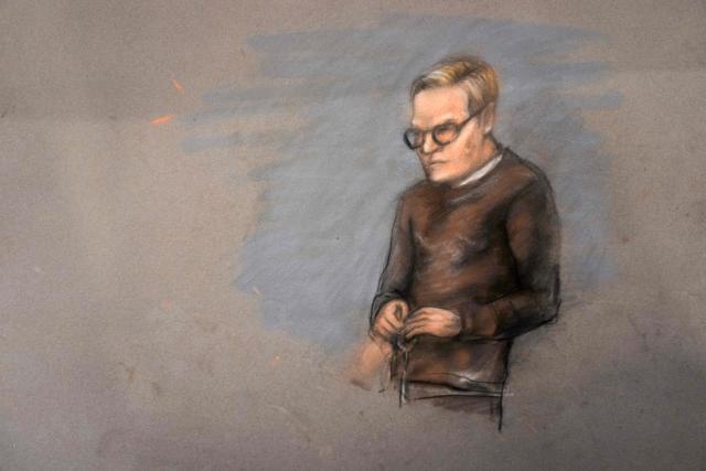 A court sketch depicts Marius Borg Hoiby, son of Norwegian Crown Princess Mette-Marit during the first day of a trial in Oslo at the District Court on February 3, 2026. The son of Norway's crown princess pleaded not guilty on Februar 3, 2026 to four counts of rape at the opening of a trial that has embarrassed the royal family. Marius Borg Hoiby, Crown Princess Mette-Marit's 29-year-old son from a relationship prior to her marriage to Crown Prince Haakon, stood and muttered a negative response when asked to enter a plea to the four counts of rape. (Photo by Ane Hem / NTB / AFP) / Norway OUT