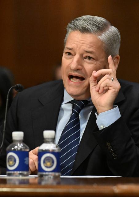 Netflix CEO Ted Sarandos testifies during a Senate Judiciary Subcommittee on Antitrust, Competition Policy and Consumer Rights hearing on Capitol Hill in Washington, DC, on February 3, 2026. Netflix is pressing a bid to buy television and film titan Warner Brothers Discovery in a proposed $82.7 billion purchase. (Photo by ROBERTO SCHMIDT / AFP)