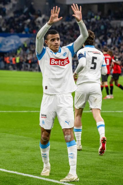 Marseille's English forward #10 Mason Greenwood celebrates after scoring his team's second goal during the French Cup round of 16 football match between Olympique de Marseille (OM) and Stade Rennais at the Stade Velodrome in Marseille, southern France, on February 3, 2026. (Photo by MIGUEL MEDINA / AFP)