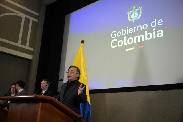 Colombian President Gustavo Petro speaks during a press conference at the Colombian Embassy in Washington, DC, on February 3, 2026. Petro hailed his meeting with US counterpart Donald Trump, who invited him to the White House after months of berating the leftist leader. (Photo by Oliver Contreras / AFP)