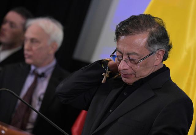 Colombian President Gustavo Petro speaks during a press conference at the Colombian Embassy in Washington, DC, on February 3, 2026. Petro and US President Donald Trump appeared to bury the hatchet on Tuesday, after a year of sparring that culminated in threats by Trump to topple the left-wing leader like in Venezuela. "My impression of the meeting a few hours ago is first and foremost that it was positive," Petro told reporters after meeting Trump at the White House behind closed doors. (Photo by Oliver Contreras / AFP)