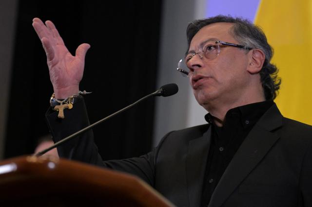 Colombian President Gustavo Petro speaks during a press conference at the Colombian Embassy in Washington, DC, on February 3, 2026. Petro and US President Donald Trump appeared to bury the hatchet on Tuesday, after a year of sparring that culminated in threats by Trump to topple the left-wing leader like in Venezuela. "My impression of the meeting a few hours ago is first and foremost that it was positive," Petro told reporters after meeting Trump at the White House behind closed doors. (Photo by Oliver Contreras / AFP)